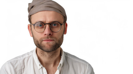Portrait of a bearded man wearing glasses and a beanie headscarf, set against a plain white background, exuding a thoughtful expression and creative vibe.