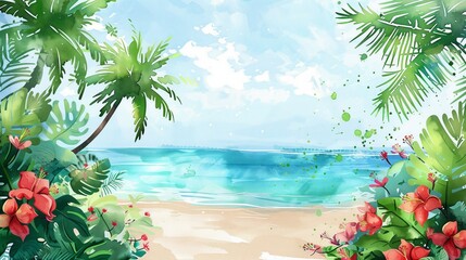 Watercolor painting of beautiful scenic landscape of tropical sea beach.