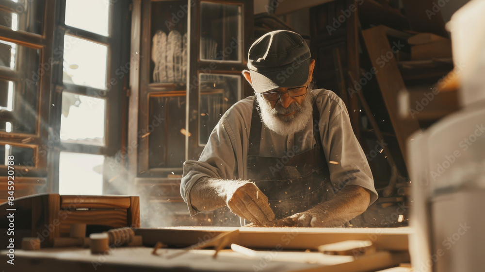 Wall mural An older man absorbed in his craft, working attentively in a sunlit workshop, exuding a sense of dedication, tradition, and the tangible beauty of handmade work.