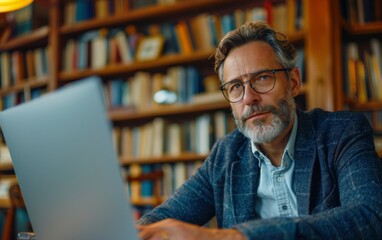 A man wearing glasses is sitting at a desk with a laptop open in front of him. He is focused on his work, possibly reading or writing. The room is filled with books