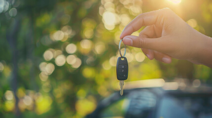 A hand holds up a car key against a blurred outdoor background, symbolizing mobility and freedom in a sunlit moment.