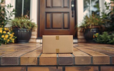 A brown cardboard box is sitting on a brick walkway outside a house. The box is open and has a white sticker on it. The scene is peaceful and calm, with a few potted plants in the background