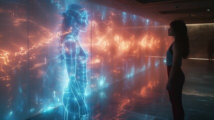 A woman participates in a holographic workout session with a virtual personal trainer.