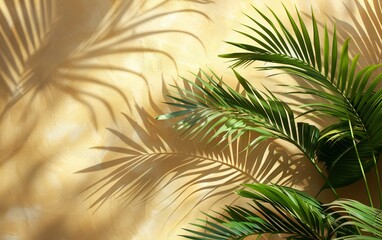 A leafy palm tree casts a shadow on a tan wall