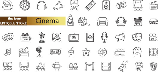 Simple Set of Cinema and Movie Related Vector Line Icons.