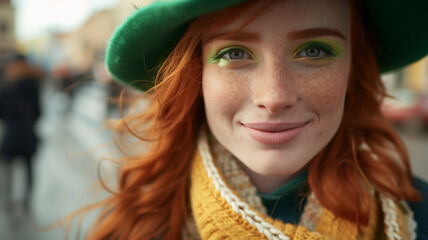 Beautiful redhead young woman with freckles wearing a green top hat during a Saint Patrick's day celebration in Dublin, Ireland.