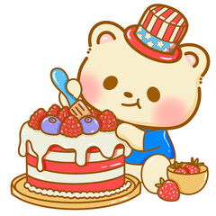 Hand drawn illustration kawaii bear american 4th of july party celebration USA Independence Day Doodle cute animal national isolated elements on white background making a fruit cake 