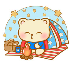 Hand drawn illustration kawaii bear american 4th of july party celebration USA Independence Day Doodle cute animal national isolated elements on white background camping 