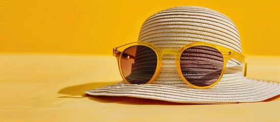 Summer Concept: Stylish Yellow Sunglasses and Striped Vintage Hat