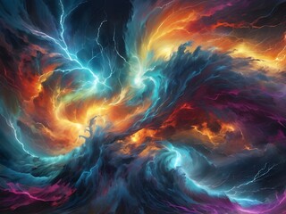 Fototapeta premium Dynamic vortex of colors, lightning bolts, and cosmic chaos, capturing the untamed beauty of a powerful storm, Generative AI