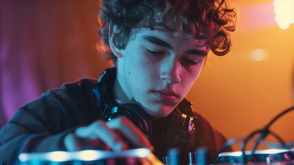 Close up of a teenage boy DJ with headphones around his neck playing a set at an EDM club.