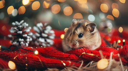 Christmas hamster in a christmas or new years interior suitable for postcards closeup