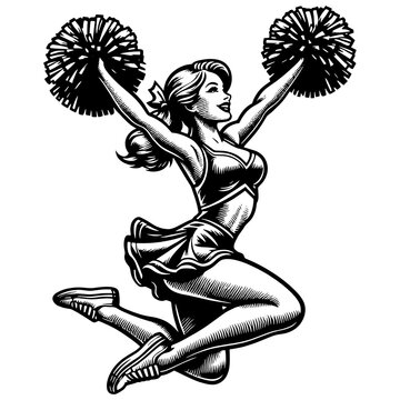 recommend clip art: cheerleader in classic pin-up pose with pom-poms and a playful expression sketch engraving generative ai fictional character PNG illustration. Scratch board imitation. Black and white image