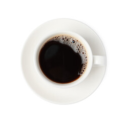 Aromatic coffee in cup isolated on white, top view