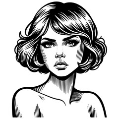 stylish sad woman with bold, short hairstyle in striking black and white portrait sketch engraving generative ai fictional character PNG illustration. Scratch board imitation. Black and white image