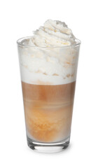 Delicious latte with whipped cream in glass isolated on white