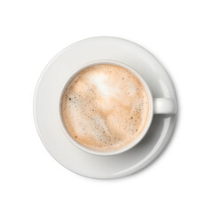 Tasty cappuccino in coffee cup isolated on white, top view