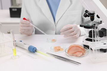 Quality control. Food inspector examining meat in laboratory, closeup
