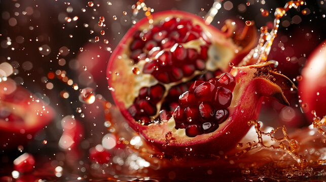 A pomegranate plunges into deep water. The fruit, about to hit, reveals its vibrant red color and slightly bumpy skin. A powerful splash is imminent, releasing the pomegranate's juicy seeds. 