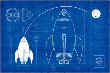 Fantasy rocket launch blueprint illustration. Use as design element for websites, print and other graphics.