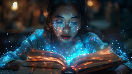 A woman wearing glasses reads a book while holographic projections emanate from the pages.