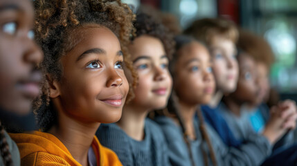 Obraz premium A diverse group of students attentively listening to a teacher in a modern classroom, with digital devices in use