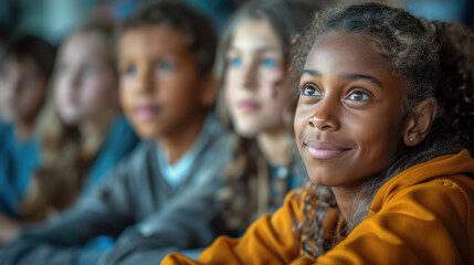 Obraz premium A diverse group of students attentively listening to a teacher in a modern classroom, with digital devices in use