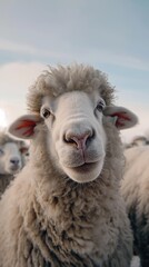 Close-up of white sheep with fluffy fur, looking curiously at the camera. Ears and pink nose visible, out-of-focus background implies outdoor setting.sheep,white,fluffy,fur,curious,expression,close-up