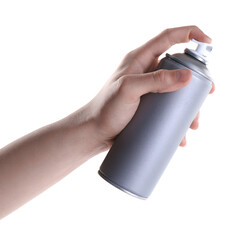 Man with can of spray paint on white background, closeup