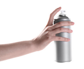 Man with can of spray paint on white background, closeup