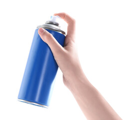Man with can of spray paint on white background, closeup