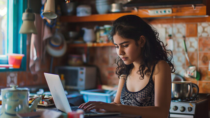 Latino American teenage girl doing homework on his laptop in the kitchen.