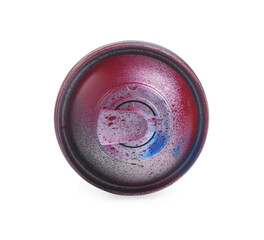 One can of bright spray paint isolated on white, top view