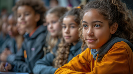 A diverse group of students attentively listening to a teacher in a modern classroom, with digital devices in use