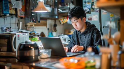 Fototapeta premium Asian American teenage boy doing homework on his laptop in the kitchen.
