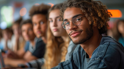 Obraz premium A diverse group of students attentively listening to a teacher in a modern classroom, with digital devices in use