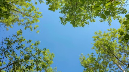 Obraz premium The branches of trees with varying leaf coverage are framing the clear blue sky