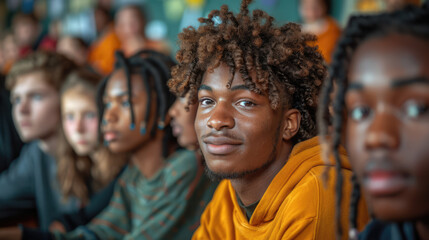 A diverse group of students attentively listening to a teacher in a modern classroom, with digital devices in use