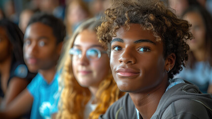 A diverse group of students attentively listening to a teacher in a modern classroom, with digital devices in use