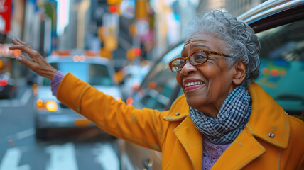 Elderly African American woman hailing a cab in New York City during the day.