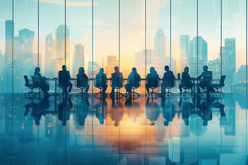 business people sit in a boardroom, city skyline, blue and orange, illustration, Large glass windows reflect, floor, cinematic style