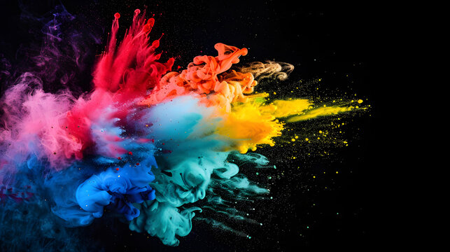 Many colors were mixed together. There is a black background, colored powder, colored dust. Generative AI