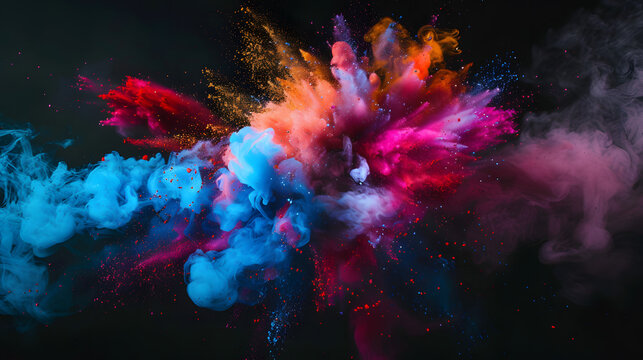 Many colors were mixed together. There is a black background, colored powder, colored dust. Generative AI
