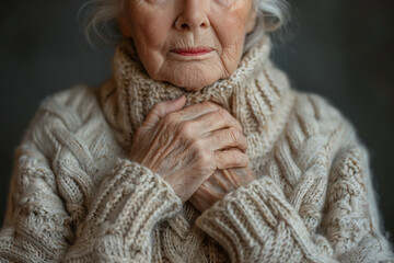 Closeup of a senior woman's hands holding, chest, in a beige sweater, at home, health, issues, heart discomfort

