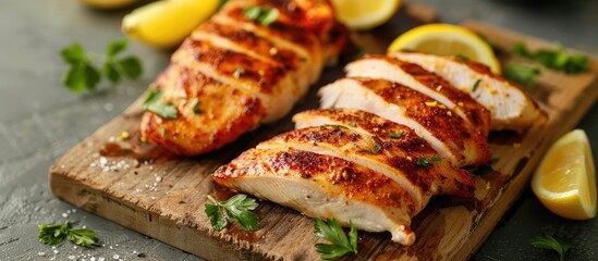 Sliced and whole chicken breast seasoned with spice rub and zesty lemon on a wooden board