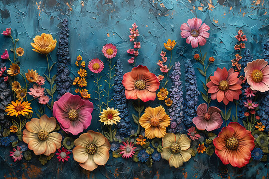 3D embossed collage on canvas, colourful wildflowers muted and subtle tones, textured surface treatment, dark teal background
