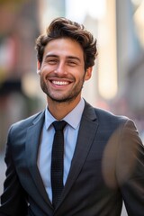Young smiling successful businessman wearing suit, tie and white shirt outdoors in the city