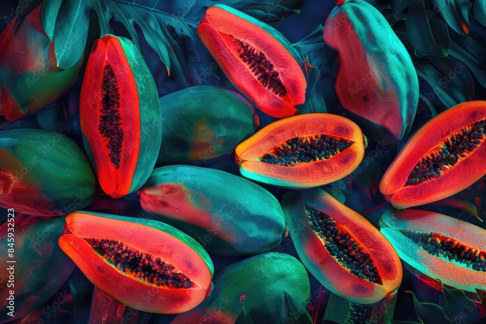 Poster a group of papayas sit together on a flat surface, ready for display or consumption
