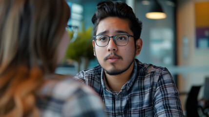 Fototapeta premium Portrait of a young Korean man with glasses talking during a during a job interview at a tech company.