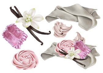 Illustration sweet marshmallow, vanilla, napkin .  For cards, congratulations, menus, restaurants, bistros, cafes, shops, parties. 